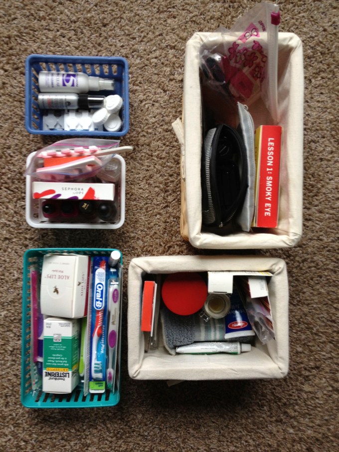 I organize by common use in fun containers