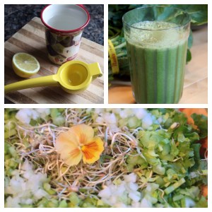 Lemon water, Juice and salad